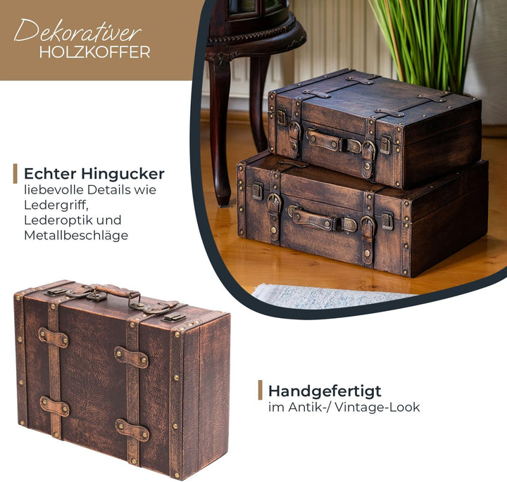 HMF VKO103 Vintage Koffer aus Holz | 38 x 26 x 13 cm | Gross | Deko Klassik 38 cm Klassik, 38 cm Kla