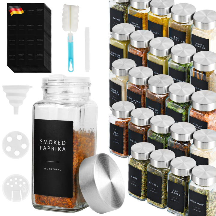 Lannvan Gewürzgläser Eckig Set [24 Stück] mit Edelstahldeckel, 120ml Gewürzdosen mit 246 Etiketten,