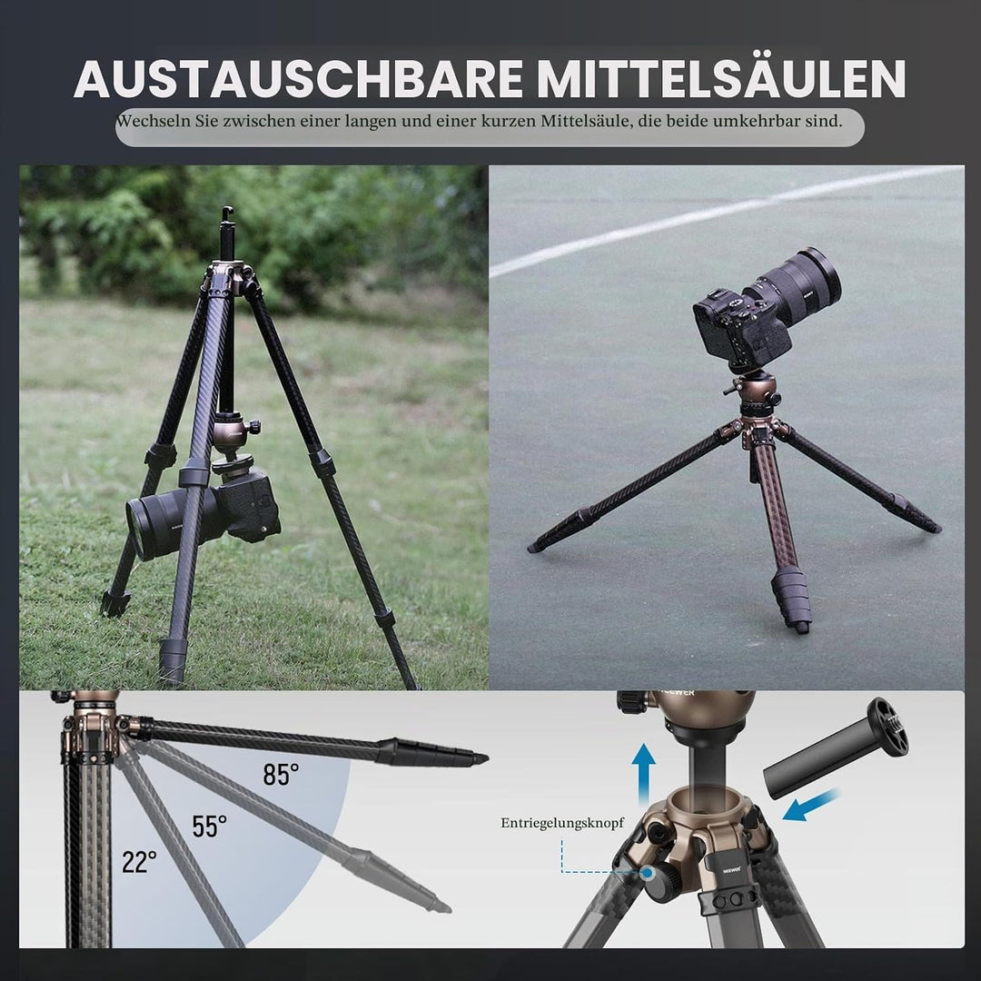 NEEWER LITETRIP LT35 155cm Carbon Stativ Reisestativ mit Pan Tilt Low Profile Kugelkopf Arca QR Plat