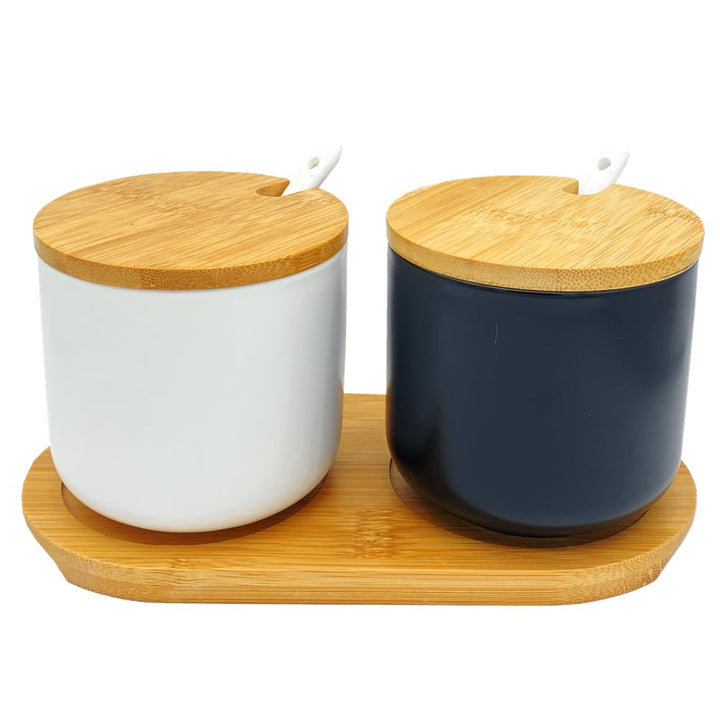 2er Set Keramik Gewürzdosen Salztopf - Höhe 10cm Keramik Zuckerdose Gewürzgläser mit Löffel und Deck