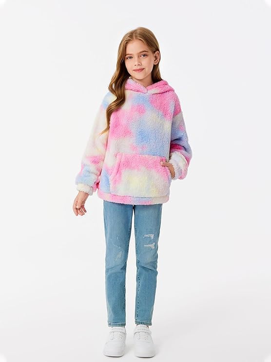 Haloumoning Kapuzenpullover Kinder Teddy Fleece Hoodie Tie Dye Warm Sherpa Sweatershirt Mädchen Jung