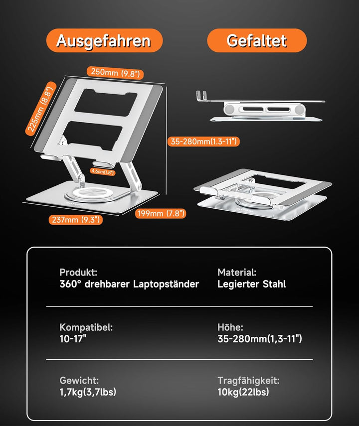 BoYata Laptopständer für Schreibtisch mit 360° Drehbarer Basis, Ergonomisch Verstellbarer Laptop Ris