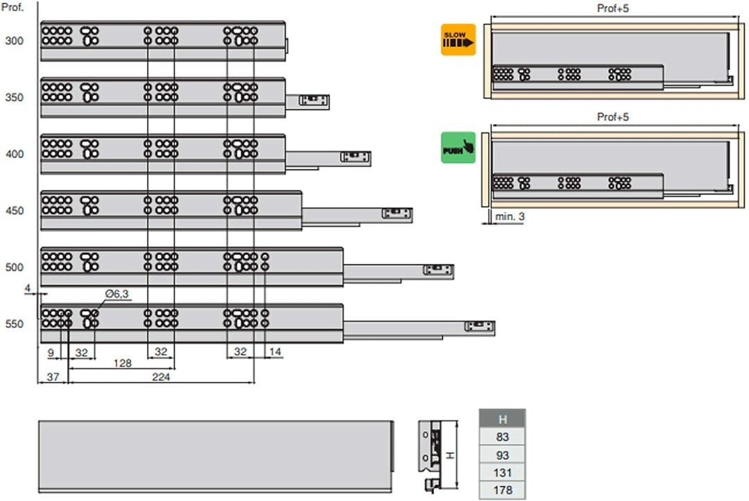 Emuca - Schubladen-Kit für Küche und Bad, H. 178 mm, T. 350 mm, 40 Kg, sanftes Schliessen, Panels ni