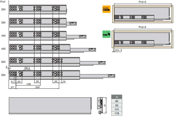 Emuca - Schubladen-Kit für Küche und Bad, H. 178 mm, T. 350 mm, 40 Kg, sanftes Schliessen, Panels ni