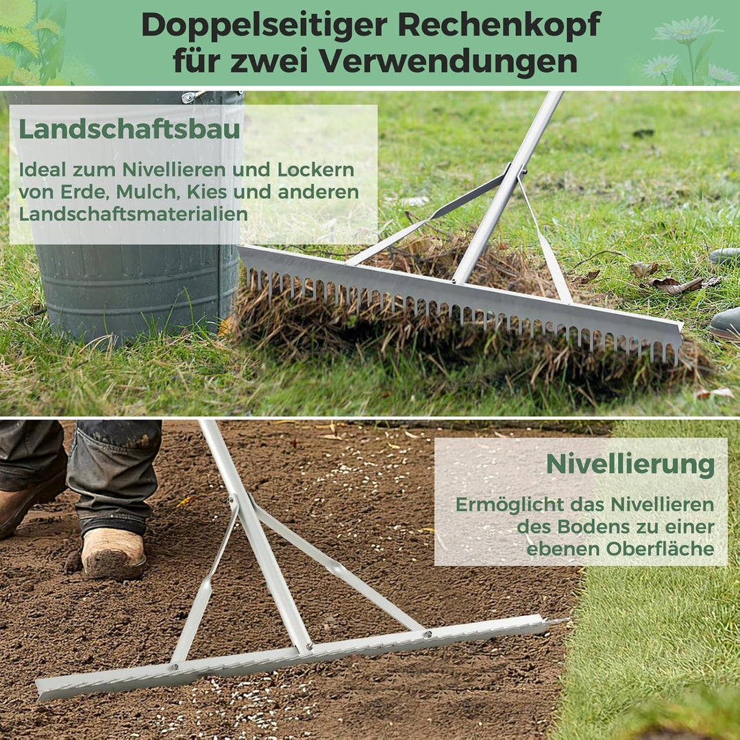 FANTASK Rechen mit langem Griff, Gartenrechen aus Aluminium mit 91 cm breitem Rechenkopf, 36 Zinken