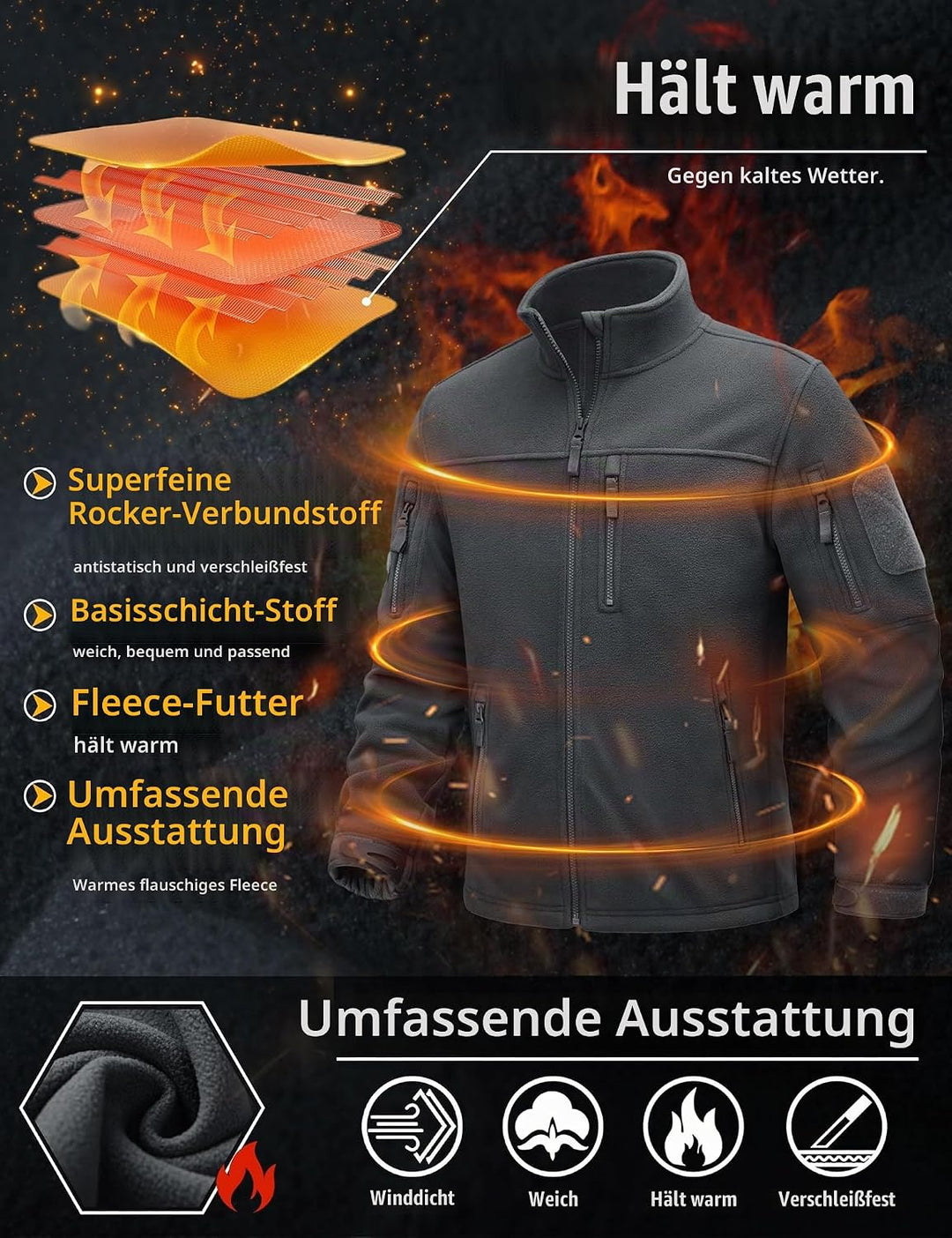 TACVASEN Herren Militär Outdoor Fleecejacke Warme Taktische Jacke Fleece Jacket S Grau, S Grau