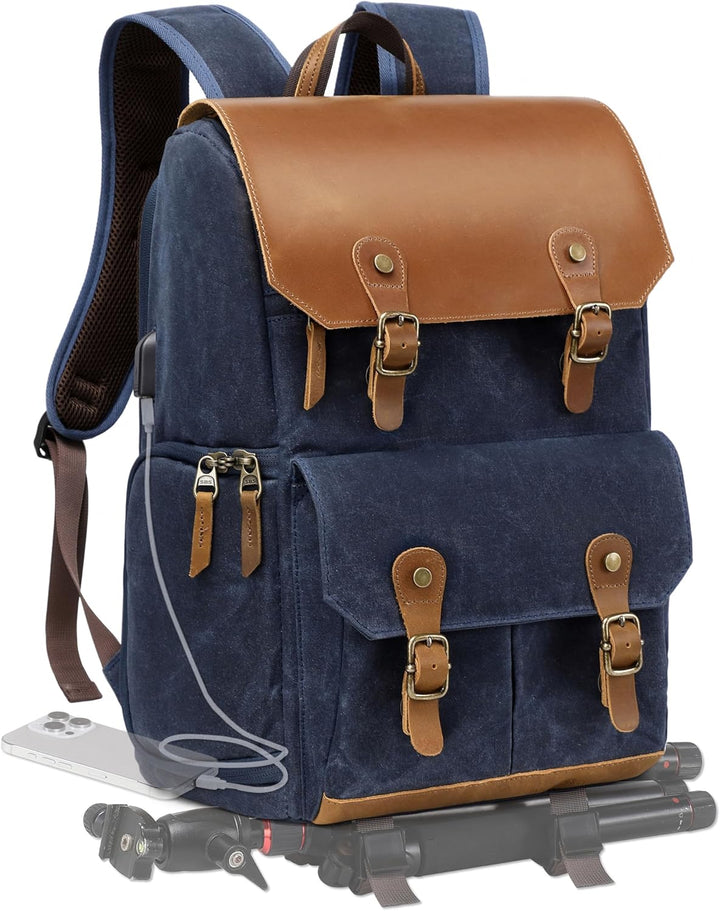 Padwa Lifestyle Blau Kamerarucksack - wetterfeste Kameratasche aus gewachstem Memory Canvas mit 16“