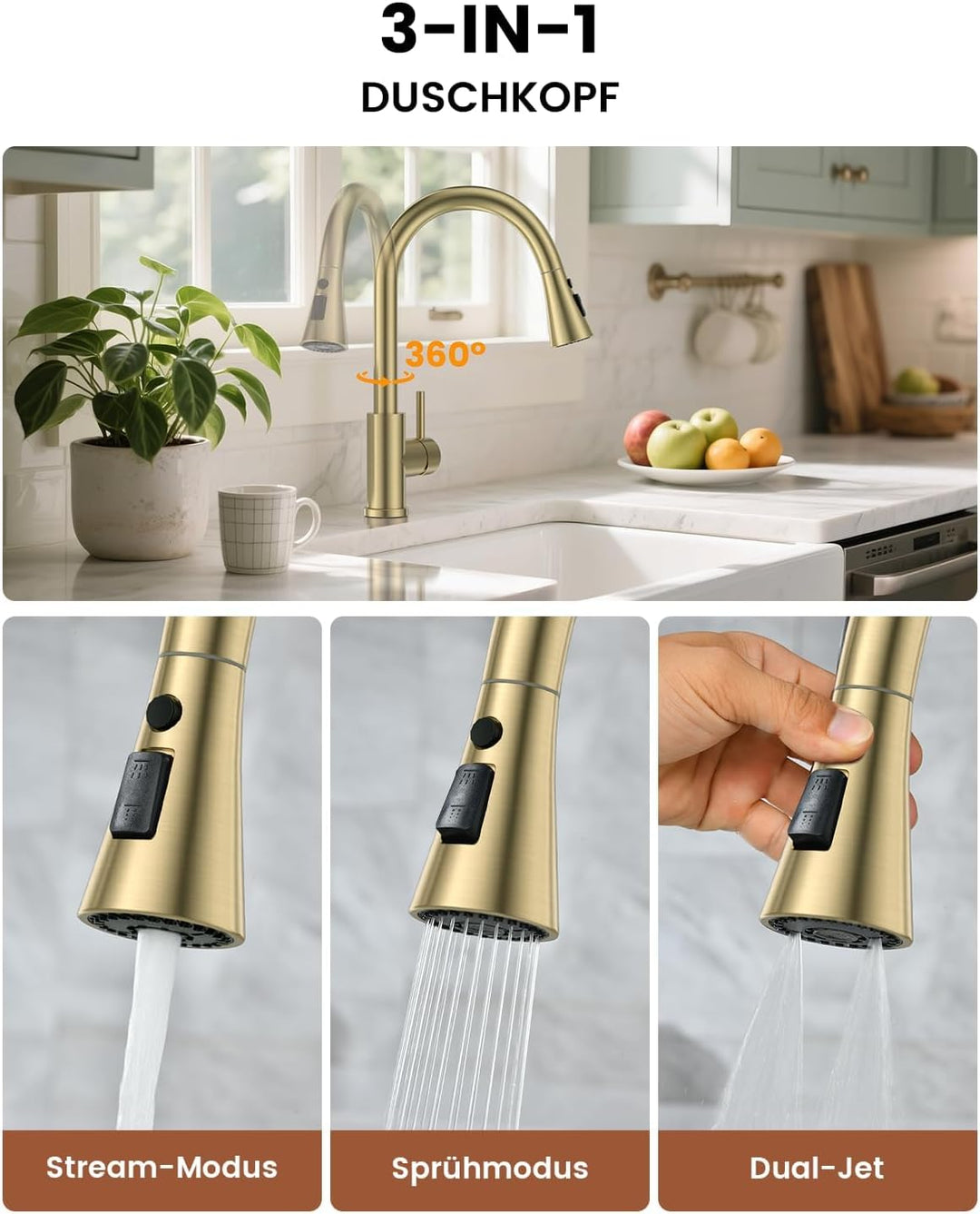 DAYONE Gold Niederdruck Armatur Küche Küchenarmatur, SUS304 Edelstahl Wasserhahn Küche, 3 Strahlarte
