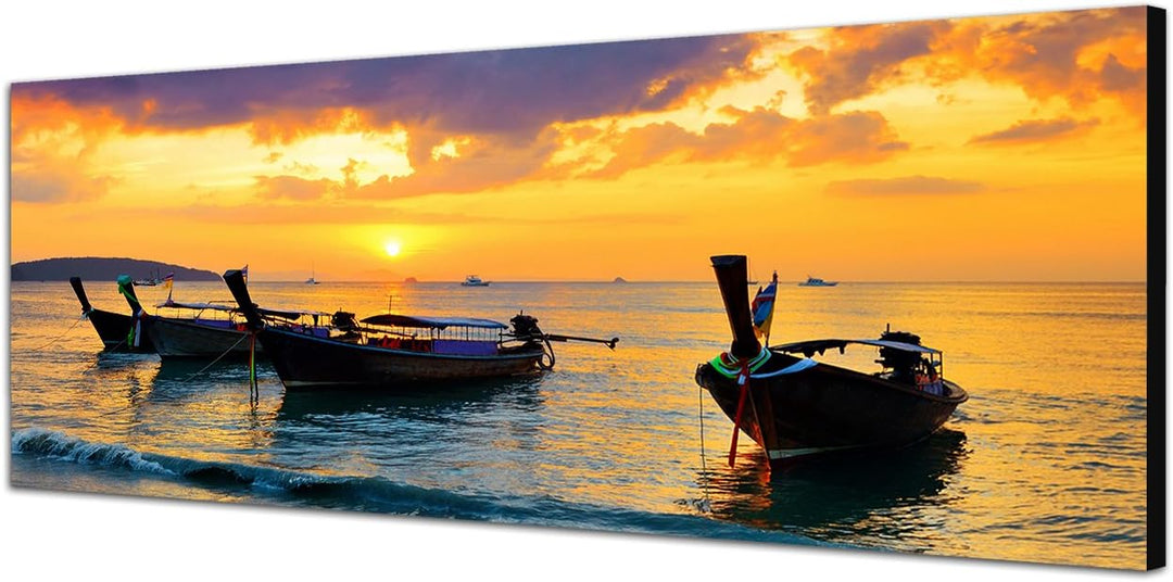 Paul Sinus Art Panoramabild auf Leinwand und Keilrahmen 120x40cm Thailand Strand Fischerboote Abends