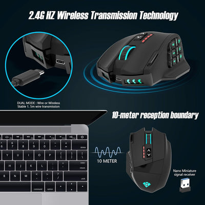 Rytaki Gamspeed V8 Pro Wireless MMO Gaming Maus 16000 DPI USB Laser MMO Maus mit RGB Beleuchtung/16