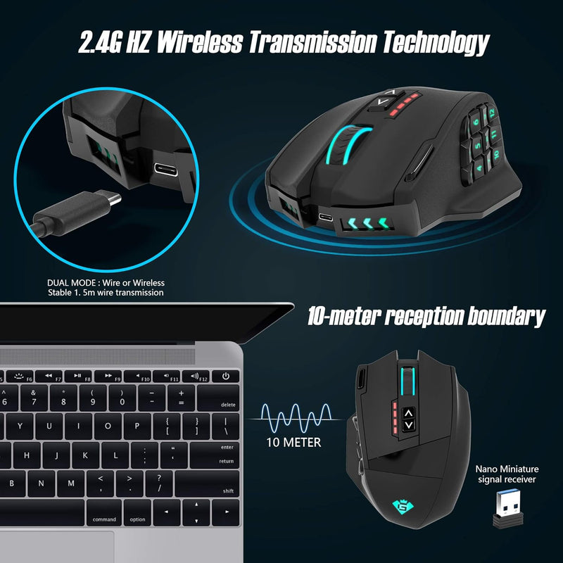 Rytaki Gamspeed V8 Pro Wireless MMO Gaming Maus 16000 DPI USB Laser MMO Maus mit RGB Beleuchtung/16