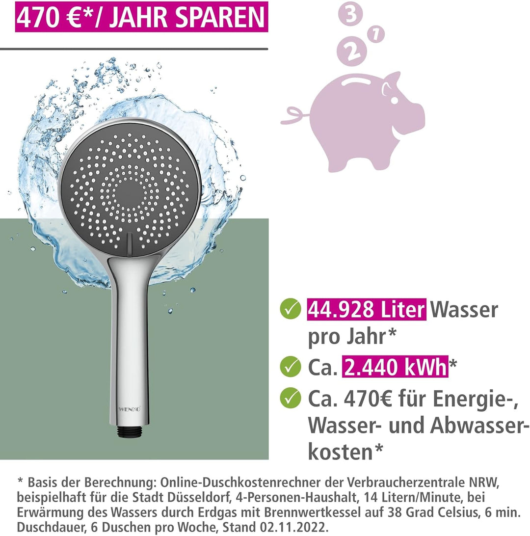 WENKO Wasserspar Duschkopf Watersaving, Handbrause mit Wasserspar-System, 3 Strahlarten, Ø 11 cm, AB