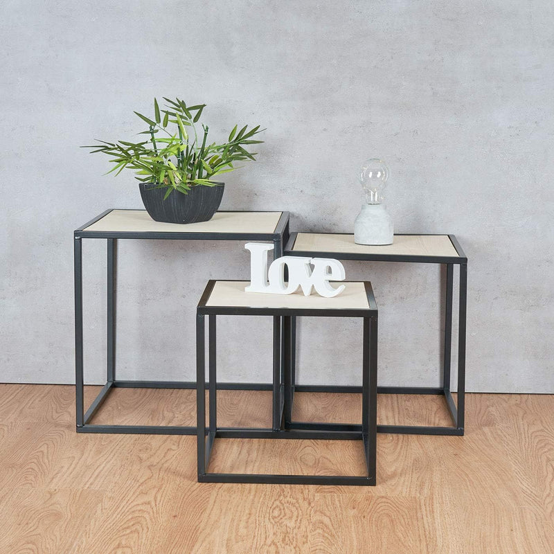 levandeo 3er Set Beistelltisch Metall Schwarz Holz Cube quadratisch Couchtisch Industrial Design Dek