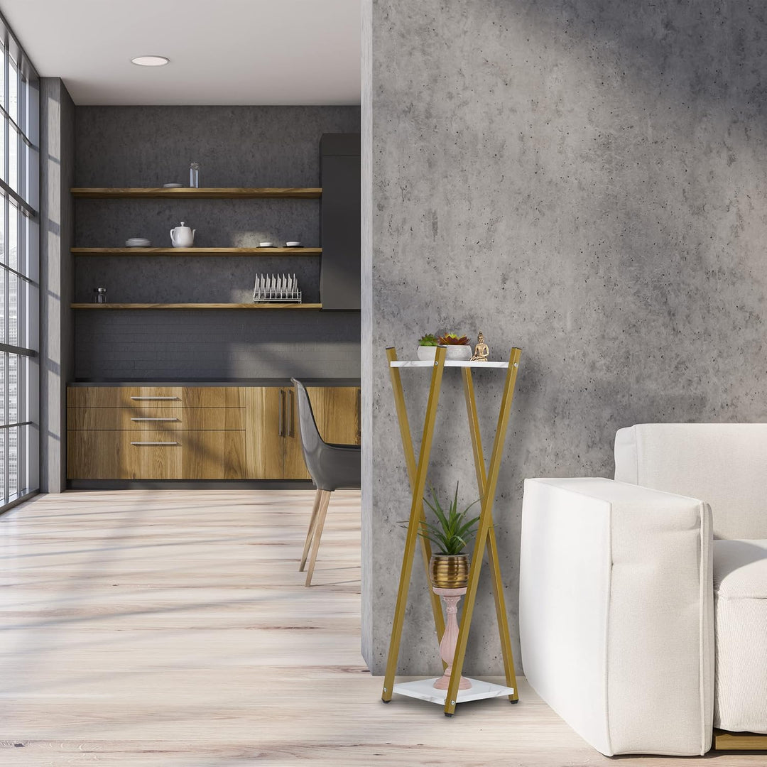 Relaxdays Blumenständer, 2 Etagen in Marmoroptik, Metall, modern, hoher Blumenhocker, HBT: 99 x 29 x