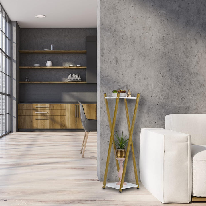Relaxdays Blumenständer, 2 Etagen in Marmoroptik, Metall, modern, hoher Blumenhocker, HBT: 99 x 29 x