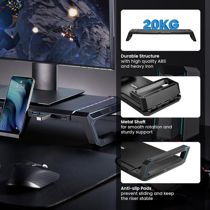 Ewent Monitorständer, RGB Monitor Riser, Klappbar, Smartphone- und Tablet-Halterung mit Ablagefach u
