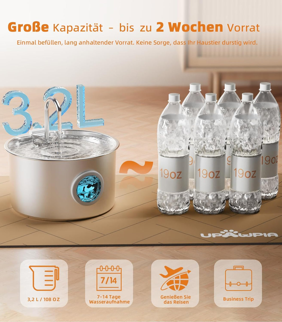 3.2L Katzenbrunnen Edelstahl mit 3 Filtern Trinkbrunnen für Katze Katzenbrunnen für Katzen mit Wasse