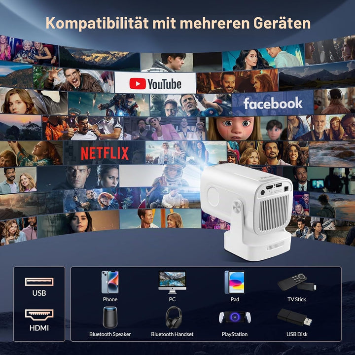 Smart Mini Beamer Mini tragbarer Projektor 1080P mit WiFi & Bluetooth, Mini Beamer 4k mit 180°Dreh T