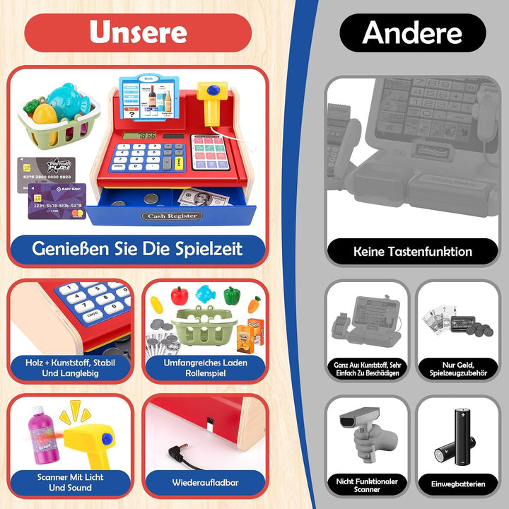 JONRRYIN Holz Kasse Kinder Spielzeug, Spielkasse Kinderkasse mit Scanner &amp; Sound, Spielgeld Einkaufs