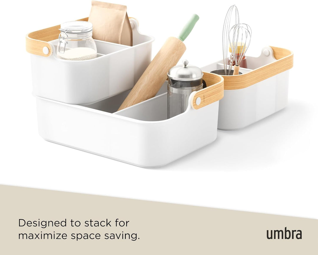 Umbra Bellwood Bin stapelbarer Behälter, Organizer mit entnehmbaren Trennwänden, Weiss/Natur, 36x26x