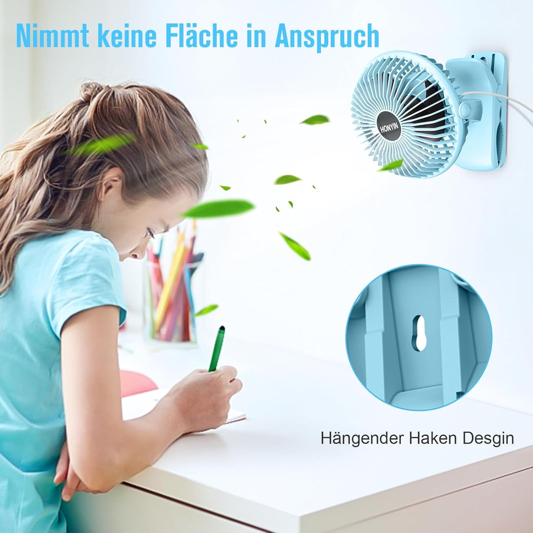 HONYIN Mini Ventilator mit Clip, 720 Grad Drehung Kleiner USB Ventilator, Starke + Stabile Klammer,