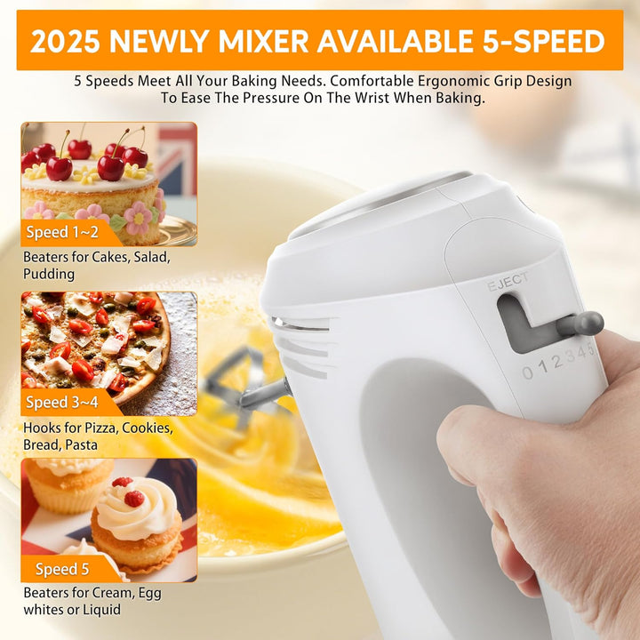 Kestreln Handmixer 350 Watt, 5 Geschwindigkeiten, Edelstahl Schneebesen &amp; Knethaken, ergonomischer G