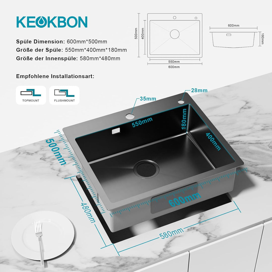 KEOKBON Spülbecken Küche Edelstahl Schwarz Anthrazit 60 x 50cm, Rechteckig Küchenspüle für 60cm brei