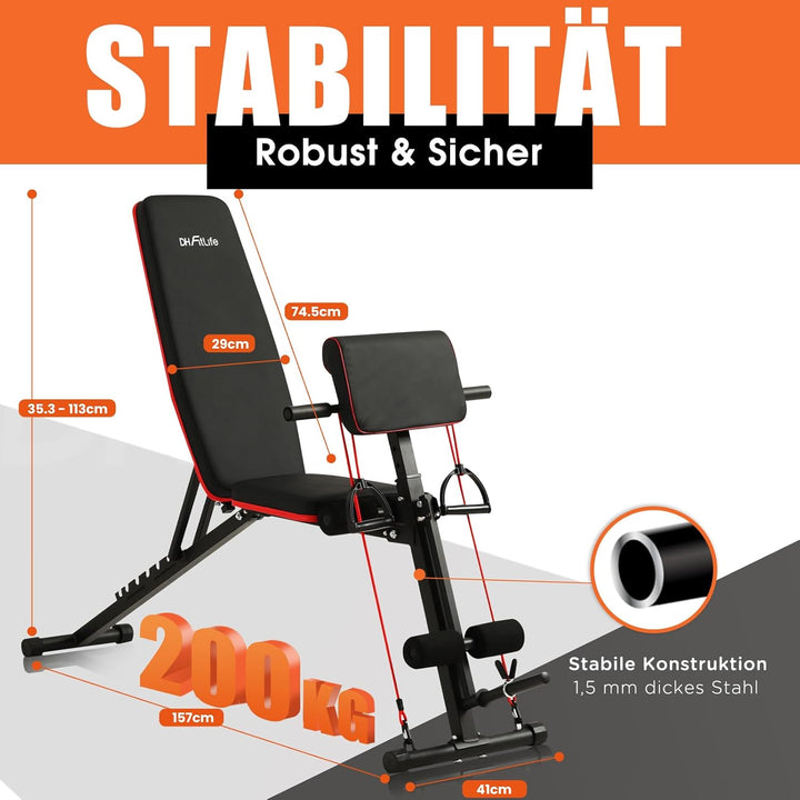 DH FitLife Hantelbank klappbar mit Curlbank & Beinstrecker | Weight Bench for Home Workout | Trainin
