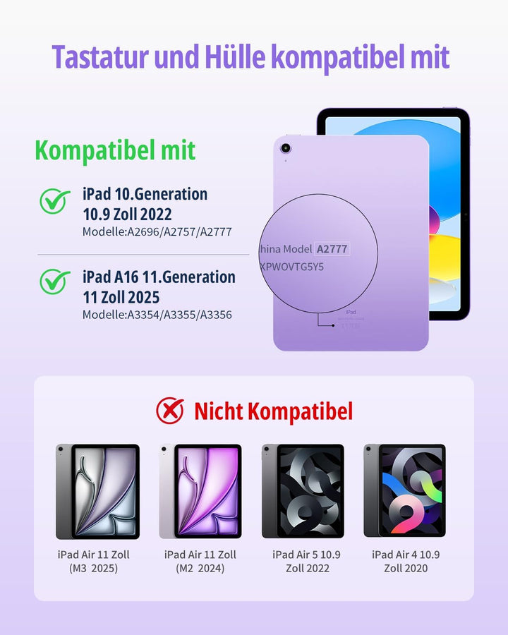 CACOE Drehbare Hülle mit Tastatur für iPad (A16) 11/10 Generation (11/10.9 Zoll) 2025/2022 mit Touch