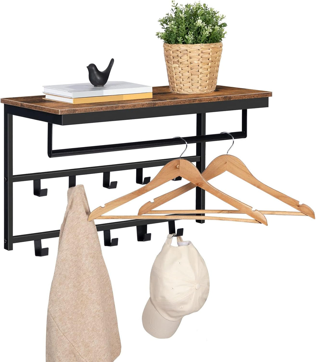 HOOBRO Wandgarderobe mit Ablage, Wandregal mit 10 Haken und Stangen, Wandmontiertes Hängeregal, 60 x