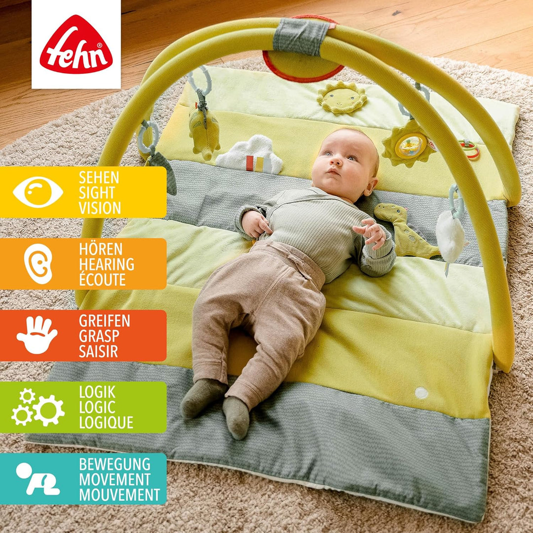 Fehn 3-D-Activity-Decke Spielbogen Happy Dino – Baby Krabbeldecke mit 4 abnehmbaren Spielzeugen zum