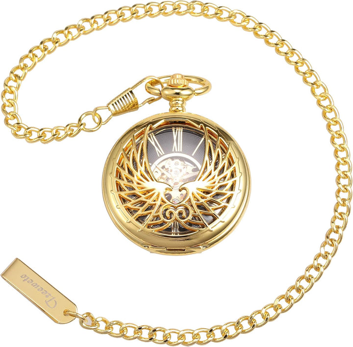 TREEWETO Unisex Taschenuhr mit Kette Analog Handaufzug Doppelscharnier Adler Skelett Römische Ziffer