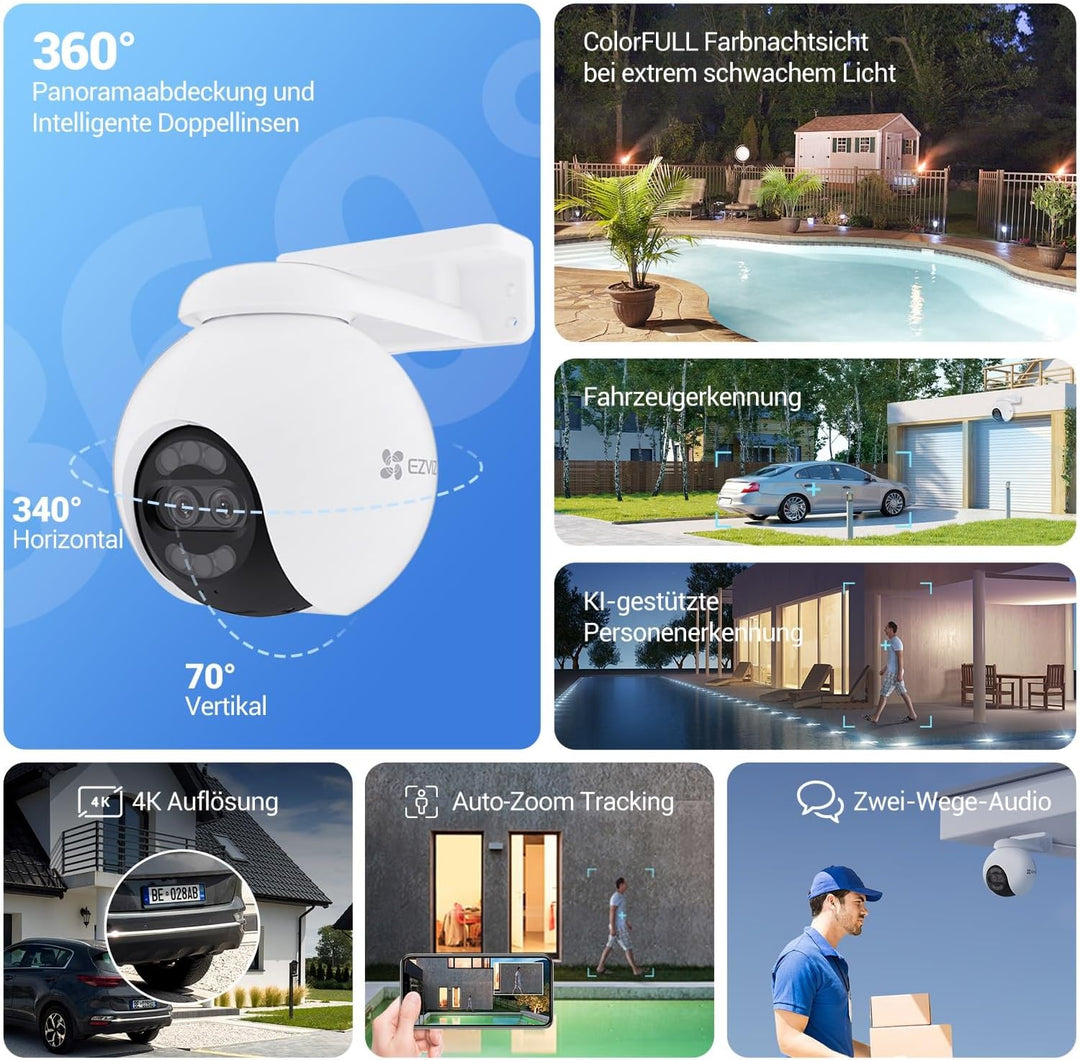 EZVIZ 4K Dual-Lens Kamera Überwachung aussen, PTZ WLAN Kamera mit 30m Farbnachtsicht, KI Personen-/F
