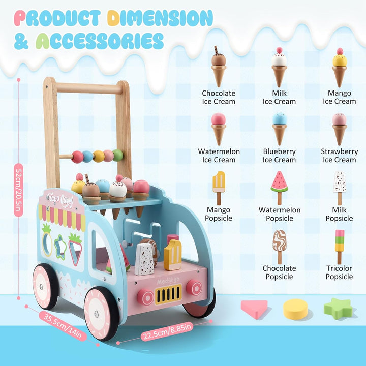 Lauflernwagen Holz, Lauflernwagen im Eiswagen-Thema mit Rädern, Lauflernhilfe Montessori Spielzeug M