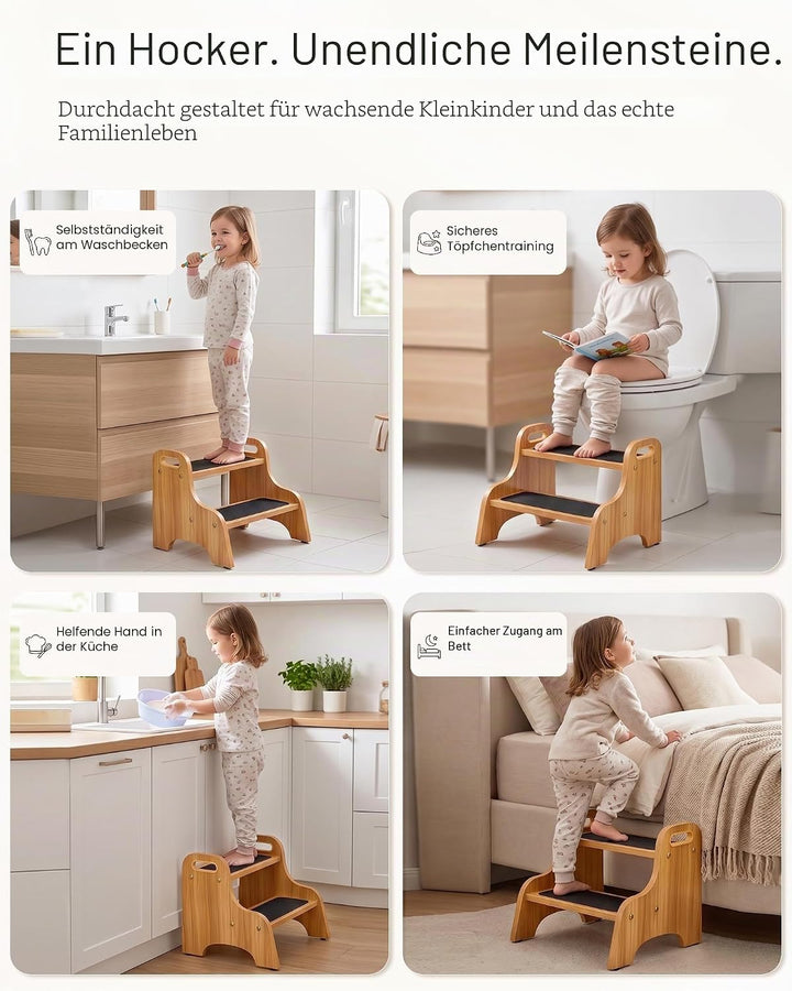 StrongTek Wood 2 Tritthocker für Kinder mit Rutschfester Trittfläche, tragbaren Griffen, rutschfeste
