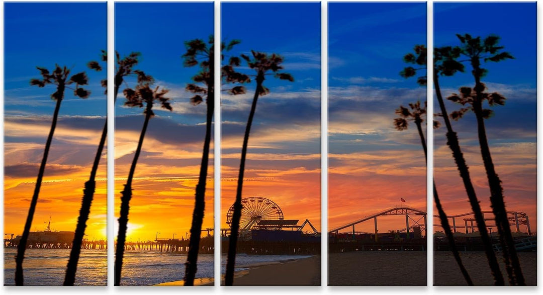 Bild auf Leinwand Santa Monica Kalifornien Sonnenuntergang Am Pier Fähren Rad Und Reflexion Auf Nass