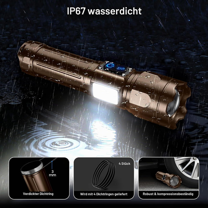 Blukar Taschenlampe LED 2 Farbtemperatur mit Hauptlicht &amp; Seitlich COB-Licht, Aufladbar Extrem Hell
