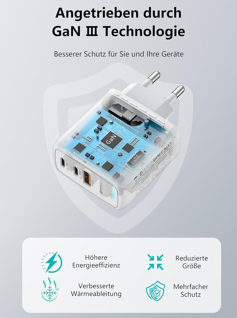 AVUMDA 70W USB C Ladegerät,3 Port USB C Netzteil GaN III Schnellladegerat kompatibel mit MacBook Pro