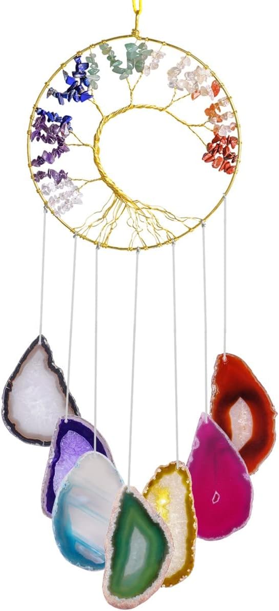 KYEYGWO 7 Chakra Stein Baum des Lebens Hängen Deko, Heilung Kristall Wand Hängende Ornament Achat Sc