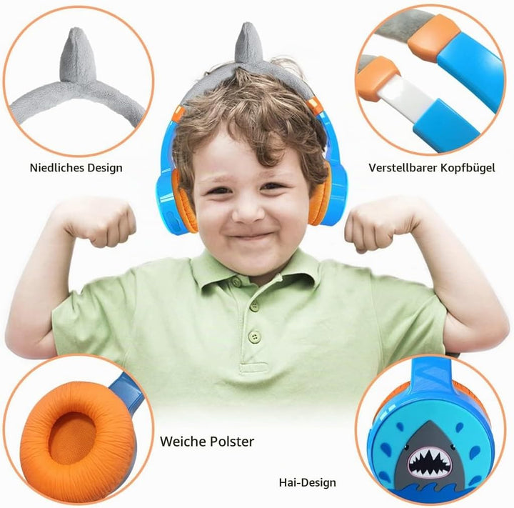 Bluetooth Kopfhörer Kinder, Shark Kinder Kopfhörer mit Kabel, Mikrofon, 85dB Lautstärkebegrenzung, 3
