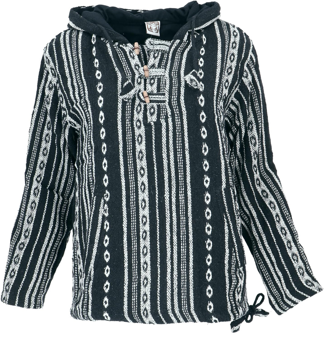 GURU SHOP Goa Kapuzenshirt, Baja Hoodie, Boho Style Kapuzenpullover, Herren, Baumwolle S Schwarz/Wei