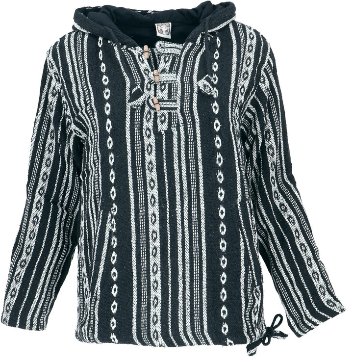 GURU SHOP Goa Kapuzenshirt, Baja Hoodie, Boho Style Kapuzenpullover, Herren, Baumwolle S Schwarz/Wei