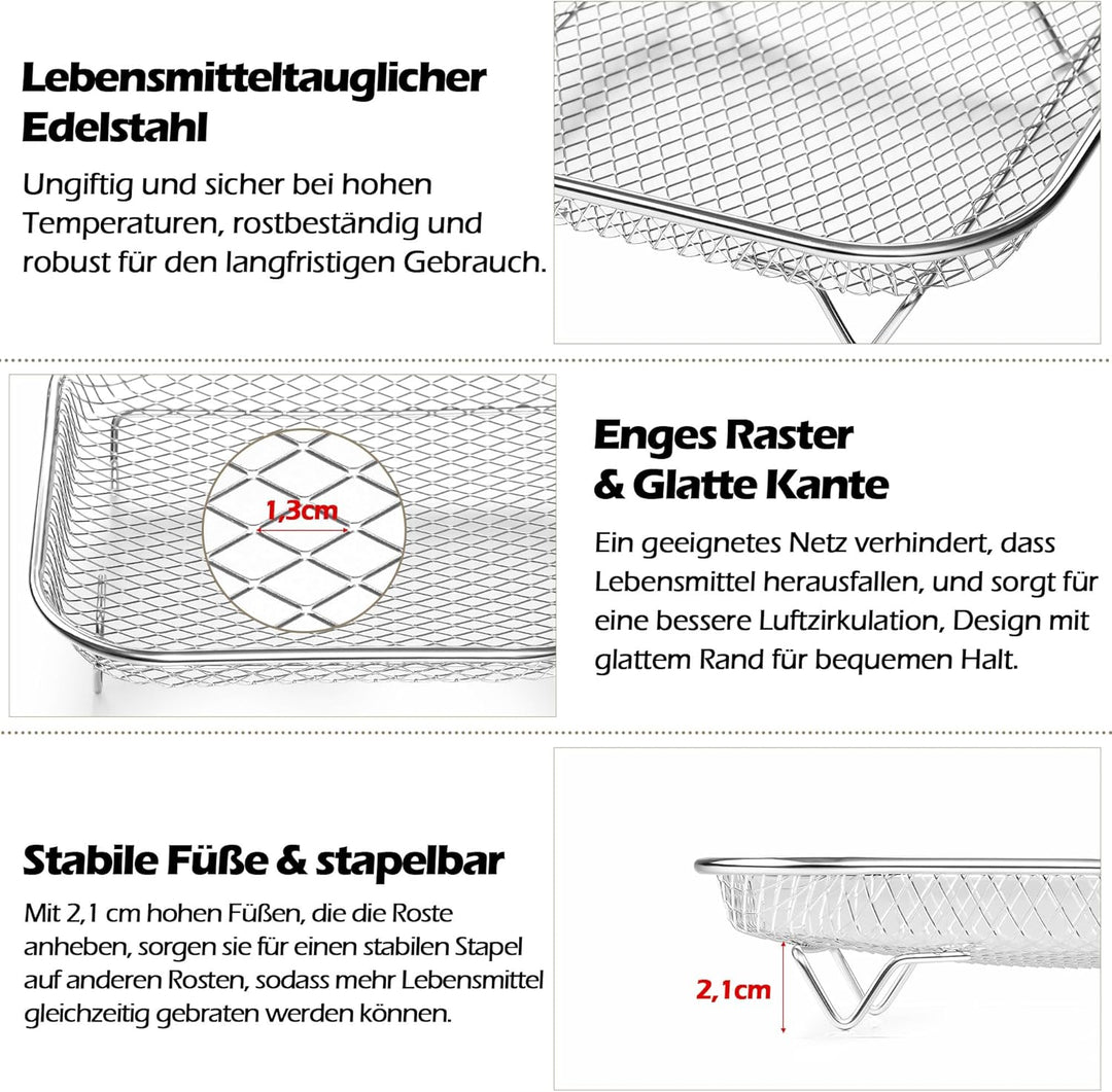 Herogo Heissluftfritteuse Zubehör, 3 Lagig Edelstahl Eckig Frittierkorb Gitter für Heissluftfritteus