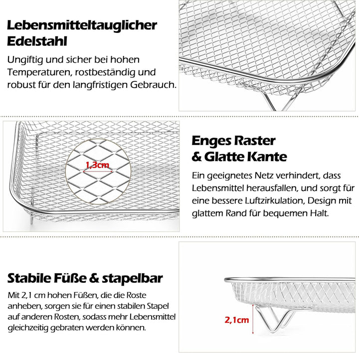 Herogo Heissluftfritteuse Zubehör, 3 Lagig Edelstahl Eckig Frittierkorb Gitter für Heissluftfritteus