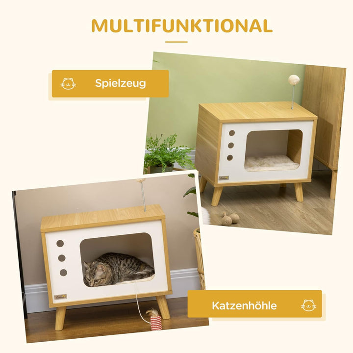 PawHut Katzenhaus, Katzenkiste TV-förmige mit Spielball, Kratzmatte Indoor Katzenhütte Katzenschrank