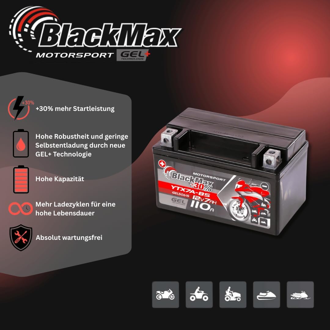 BlackMax YTX7A-BS Motorradbatterie GEL 12V 7Ah CTX7A-BS JMTX7A-BS Batterie 50615 7Ah - 110A - YTX7A-