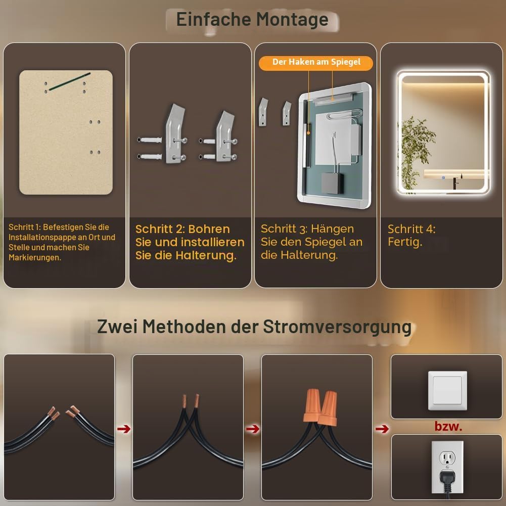 badezimmerspiegel mit Beleuchtung, Sandstrahl-Design led Spiegel Bad, 3 Farbtemperaturen, Dimmbar, E