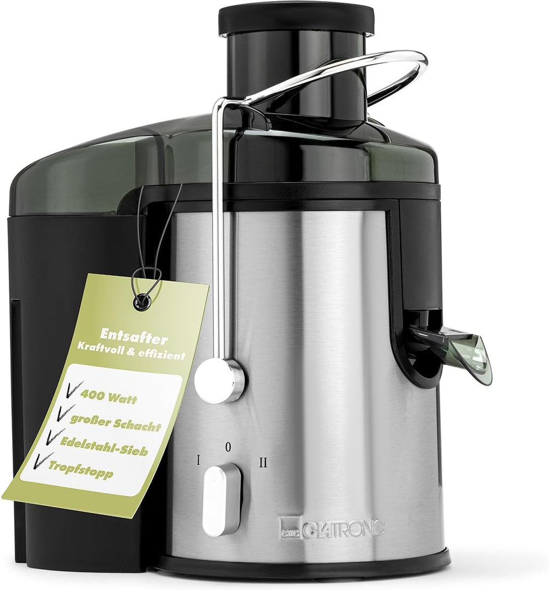 Clatronic AE 3666 Automatik-Entsafter, Edelstahl-Gehäuse, Grosse Einfüllöffnung, 2 Geschwindigkeitss