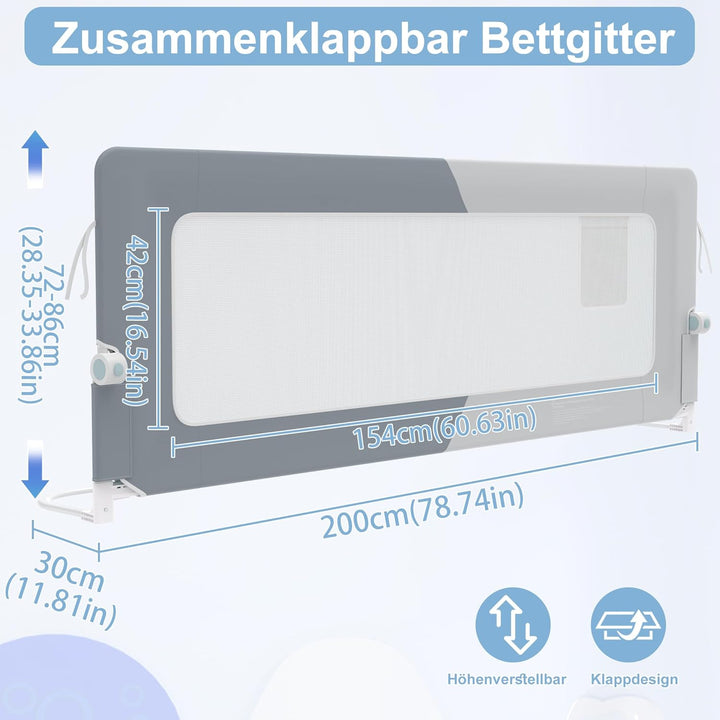 YRHome 200cm Bettgitter Rausfallschutz klappbar 180 Grad drehbar Bettschutzgitter für Kleinkinder lu