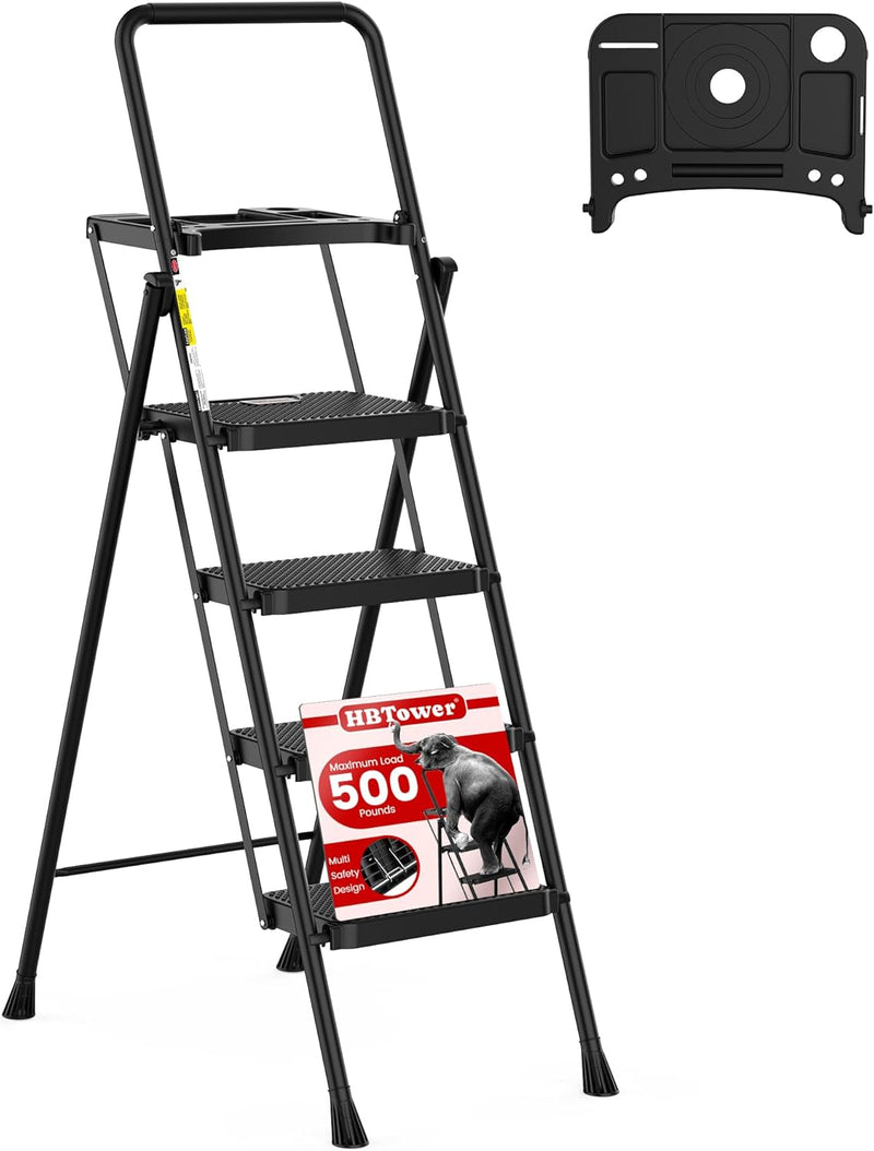 HBTower Trittleiter 4 Stufen klappbar, Leiter mit Breitem Anti-Rutsch-Pedal, Trittleiter mit Bequeme